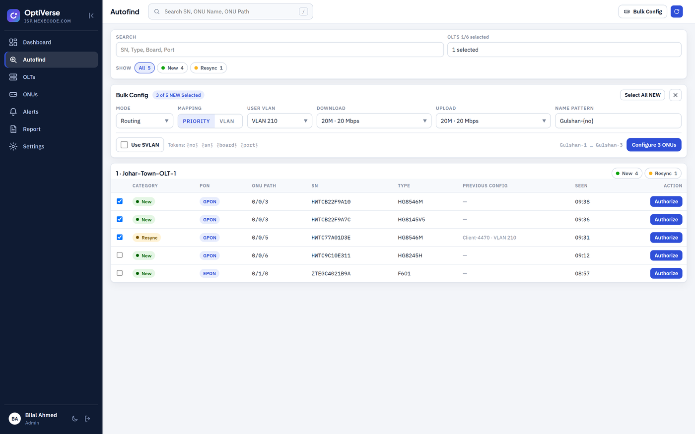 Auto-discovered ONUs ready for bulk provisioning in OptiVerse